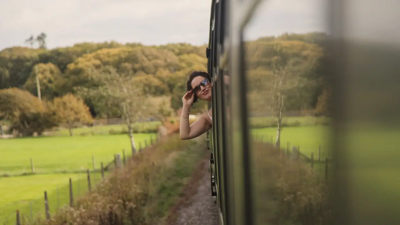 Uitzicht vanuit een trein op het platteland