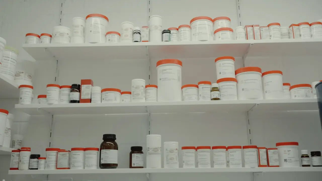 Schap met medicijnpotjes in een apotheek