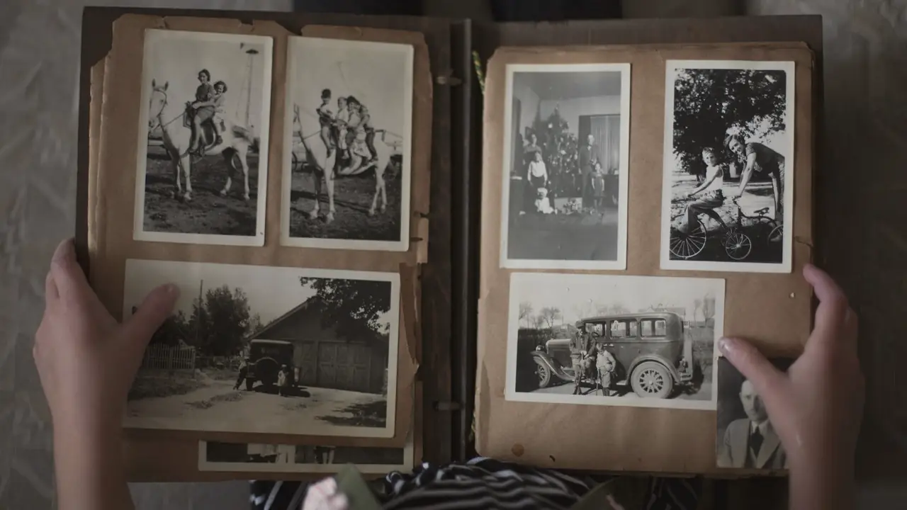 Handen die een oud fotoalbum vasthouden